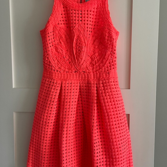 Anthropologie Bright Coral Crochet Detail Fit and Flare Dress | Size 0 - Picture 4 of 8